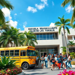 A modern high school building with a sign that reads 'Escuela de Bachillerato de Las Tunas' in a vibrant tropical city setting