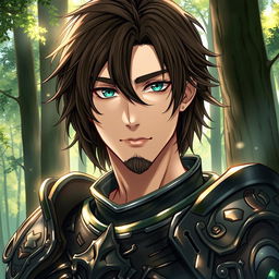 An enchanting light novel cover featuring a male character with shaggy dark-brown hair that falls gracefully across his face, giving him a mysterious and adventurous aura