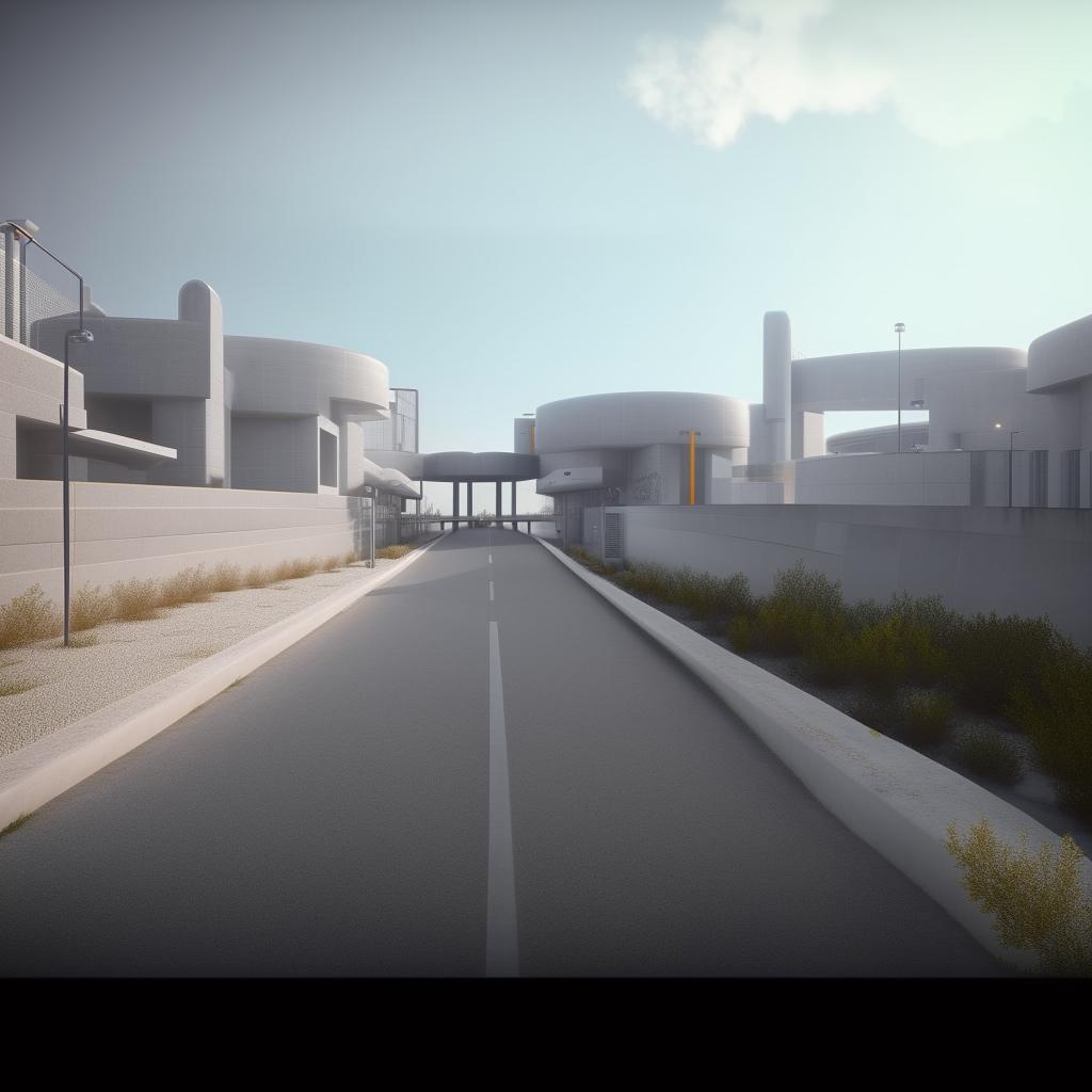 paved road beside futuristic maximum-security penitentiary with cameras in broad daylight based on https://files.dreamhome.software/files/static/37174