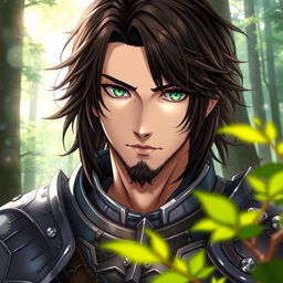 An enchanting light novel cover featuring a male character with shaggy dark-brown hair that falls gracefully across his face, giving him a mysterious and adventurous aura