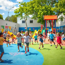 A bright and vibrant scene of a modern school playground during recess, filled with diverse children playing happily