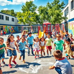 A bright and vibrant scene of a modern school playground during recess, filled with diverse children playing happily