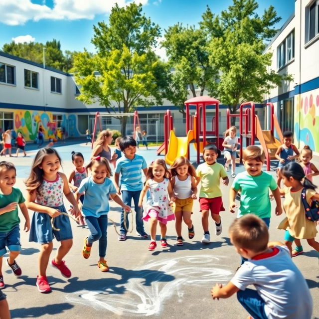 A bright and vibrant scene of a modern school playground during recess, filled with diverse children playing happily