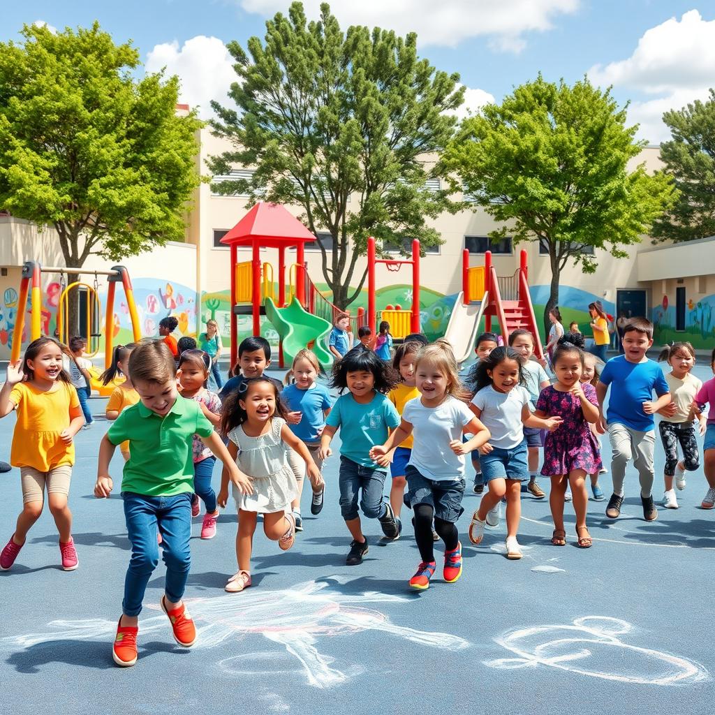 A bright and vibrant scene of a modern school playground during recess, filled with diverse children playing happily