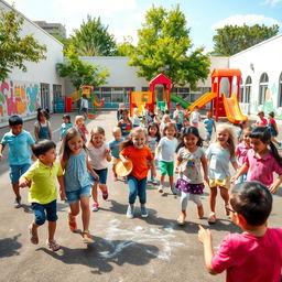 A bright and vibrant scene of a modern school playground during recess, filled with diverse children playing happily