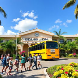 A high school with a sign that says 'Escuela de Bachillerato de Las Tunas' situated in a tropical city environment