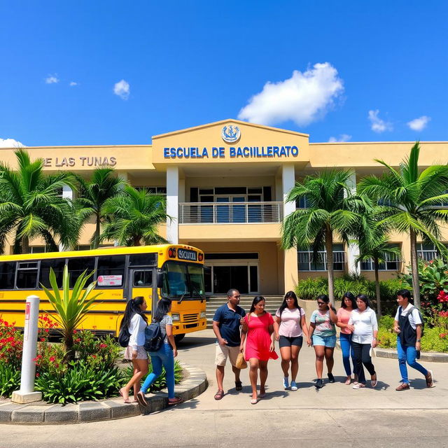 A high school with a sign that says 'Escuela de Bachillerato de Las Tunas' situated in a tropical city environment