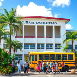 A high school with a sign that says 'Escuela de Bachillerato de Las Tunas' situated in a tropical city environment