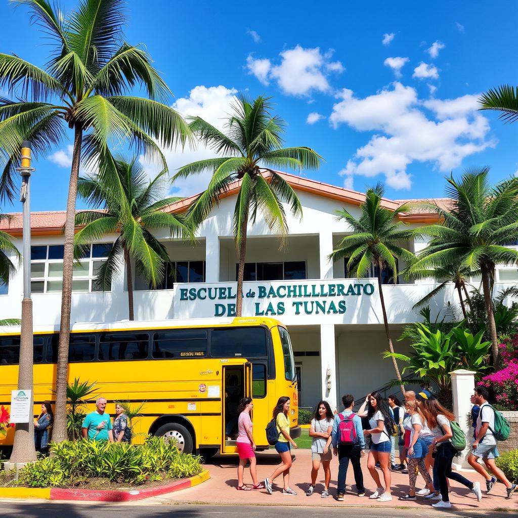 A high school with a sign that says 'Escuela de Bachillerato de Las Tunas' situated in a tropical city environment