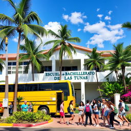 A high school with a sign that says 'Escuela de Bachillerato de Las Tunas' situated in a tropical city environment