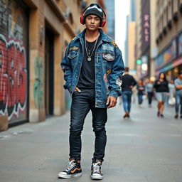 A fashionable young man dressed in trendy streetwear, showcasing a vibrant and eclectic style