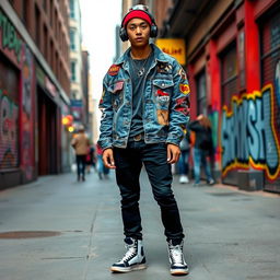 A fashionable young man dressed in trendy streetwear, showcasing a vibrant and eclectic style