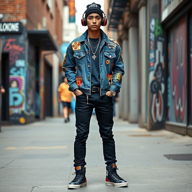 A fashionable young man dressed in trendy streetwear, showcasing a vibrant and eclectic style