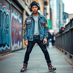 A fashionable young man dressed in trendy streetwear, showcasing a vibrant and eclectic style