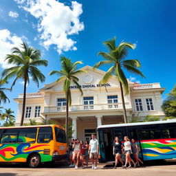 A traditional high school named 'Escuela de Bachillerato de Las Tunas' set in a vibrant tropical city