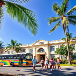 A traditional high school named 'Escuela de Bachillerato de Las Tunas' set in a vibrant tropical city