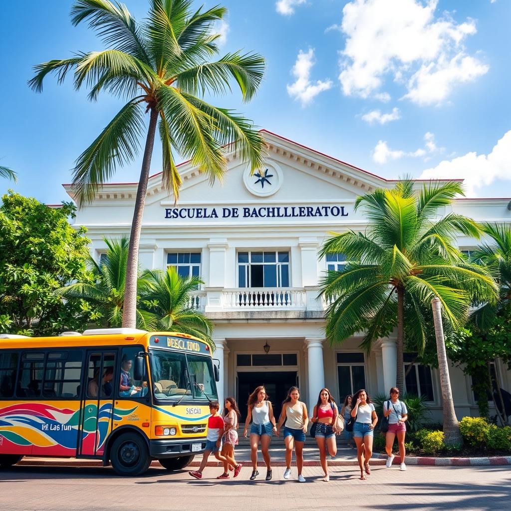 A traditional high school named 'Escuela de Bachillerato de Las Tunas' set in a vibrant tropical city