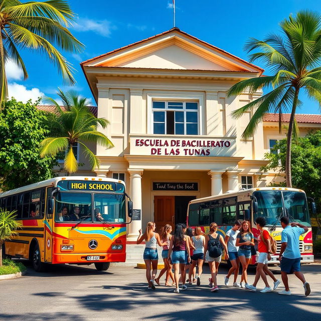 A traditional high school named 'Escuela de Bachillerato de Las Tunas' set in a vibrant tropical city