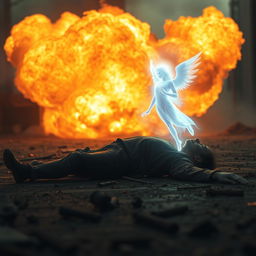 A dramatic scene depicting a fire explosion vividly lighting up the background