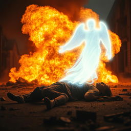 A dramatic scene depicting a fire explosion vividly lighting up the background