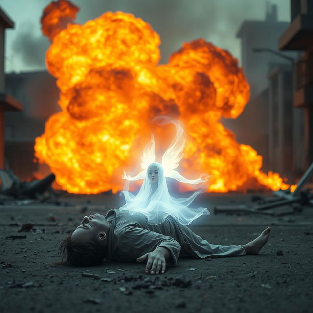 A dramatic scene depicting a fire explosion vividly lighting up the background