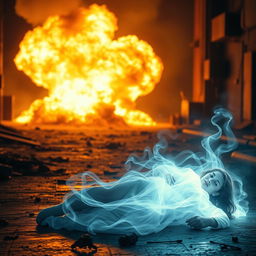 A dramatic scene depicting a fire explosion vividly lighting up the background