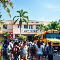 A traditional high school with a sign saying 'Escuela de Bachillerato de Las Tunas' located in a vibrant tropical city