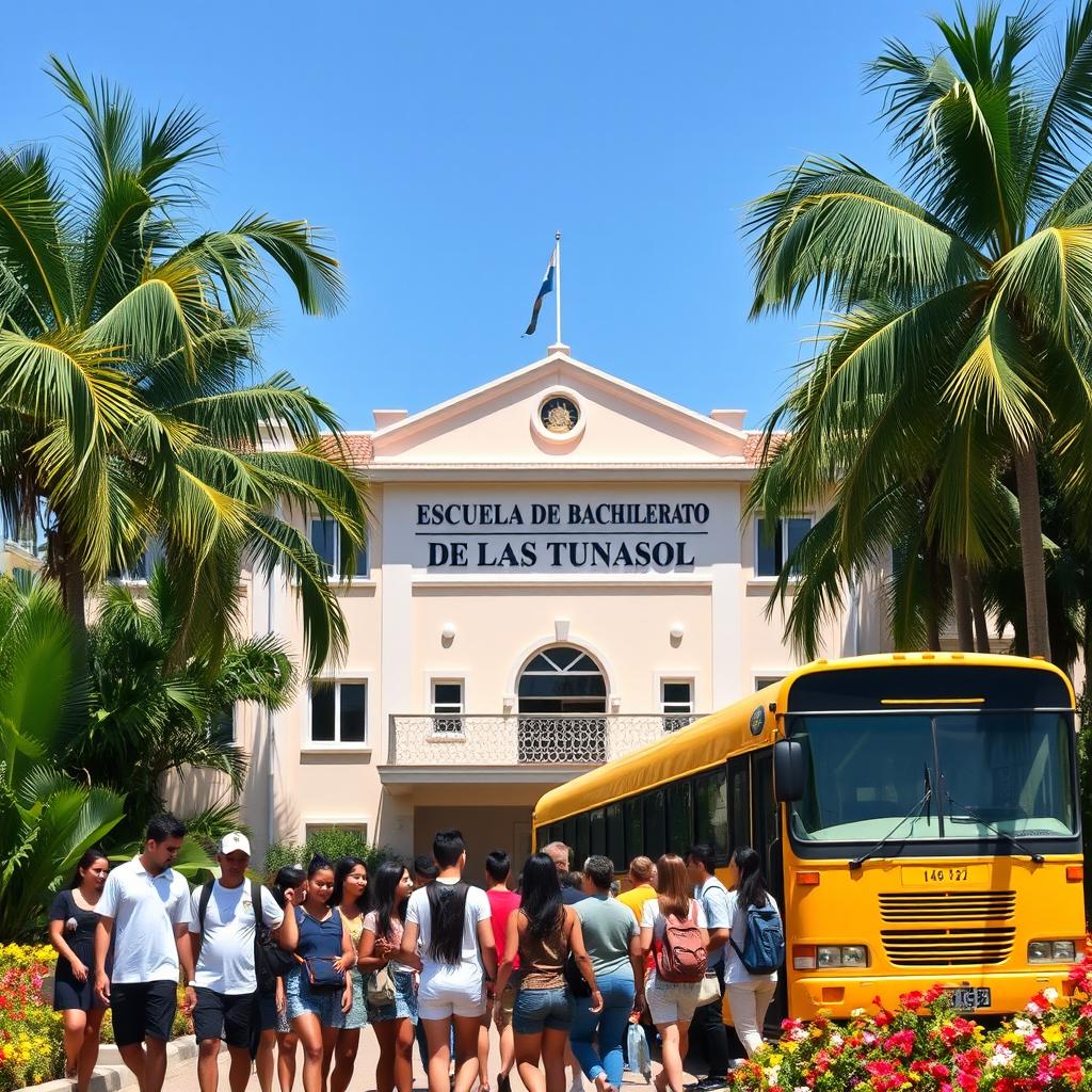 A traditional high school with a sign saying 'Escuela de Bachillerato de Las Tunas' located in a vibrant tropical city