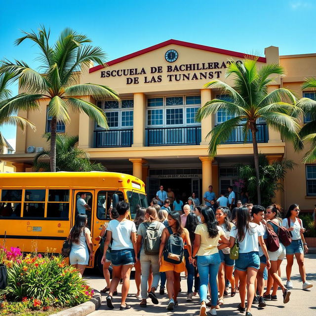 A traditional high school with a sign saying 'Escuela de Bachillerato de Las Tunas' located in a vibrant tropical city