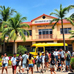 A traditional high school with a sign saying 'Escuela de Bachillerato de Las Tunas' located in a vibrant tropical city