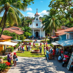 A picturesque Cuban farming village featuring a charming central park with a beautiful parish church in the backdrop