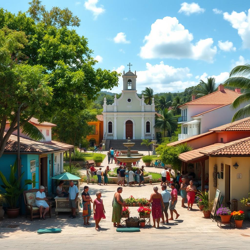 A picturesque Cuban farming village featuring a charming central park with a beautiful parish church in the backdrop