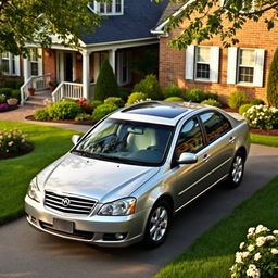 A 2011 Daewoo Leganza parked in a cozy suburban driveway, surrounded by a well-manicured lawn and blooming flower beds