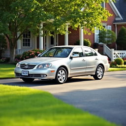 A 2011 Daewoo Leganza parked in a cozy suburban driveway, surrounded by a well-manicured lawn and blooming flower beds