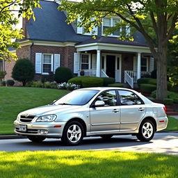 A 2011 Daewoo Leganza parked in a cozy suburban driveway, surrounded by a well-manicured lawn and blooming flower beds