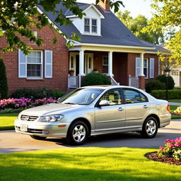 A 2011 Daewoo Leganza parked in a cozy suburban driveway, surrounded by a well-manicured lawn and blooming flower beds