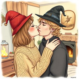 A woman with shoulder-length light brown hair wearing a cozy cable-knit sweater and a whimsical witch's hat is gently kissing a serious-looking Norwegian man in his early thirties, who has dirty blonde, wavy medium-length hair