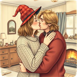 A woman with shoulder-length light brown hair wearing a cozy cable-knit sweater and a whimsical witch's hat is gently kissing a serious-looking Norwegian man in his early thirties, who has dirty blonde, wavy medium-length hair