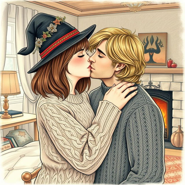 A woman with shoulder-length light brown hair wearing a cozy cable-knit sweater and a whimsical witch's hat is gently kissing a serious-looking Norwegian man in his early thirties, who has dirty blonde, wavy medium-length hair