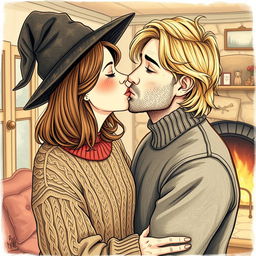 A woman with shoulder-length light brown hair wearing a cozy cable-knit sweater and a whimsical witch's hat is gently kissing a serious-looking Norwegian man in his early thirties, who has dirty blonde, wavy medium-length hair