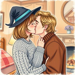 A woman with shoulder-length light brown hair, wearing a cozy cable-knit sweater and a whimsical witch's hat, is kissing a serious Norwegian man in his early thirties