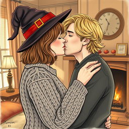 A woman with shoulder-length light brown hair, wearing a cozy cable-knit sweater and a whimsical witch's hat, is kissing a serious Norwegian man in his early thirties