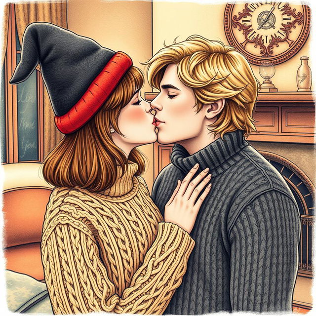 A woman with shoulder-length light brown hair, wearing a cozy cable-knit sweater and a whimsical witch's hat, is kissing a serious Norwegian man in his early thirties