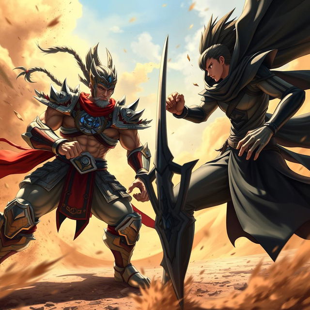 A dramatic battle scene between two formidable characters, Sendokai Kai and Lon