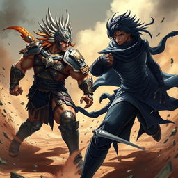 A dramatic battle scene between two formidable characters, Sendokai Kai and Lon