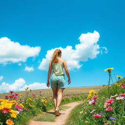 A picturesque landscape featuring a bright blue sky with a few fluffy white clouds, vibrant flowers blooming along a winding pathway