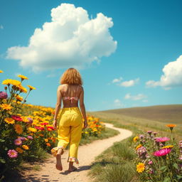 A picturesque landscape featuring a bright blue sky with a few fluffy white clouds, vibrant flowers blooming along a winding pathway