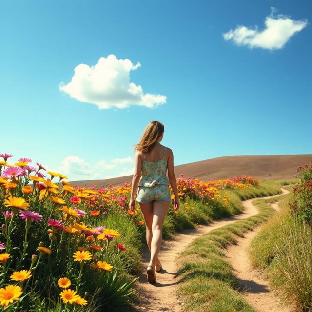 A picturesque landscape featuring a bright blue sky with a few fluffy white clouds, vibrant flowers blooming along a winding pathway