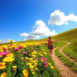 A picturesque landscape featuring a bright blue sky with a few fluffy white clouds, vibrant flowers blooming along a winding pathway