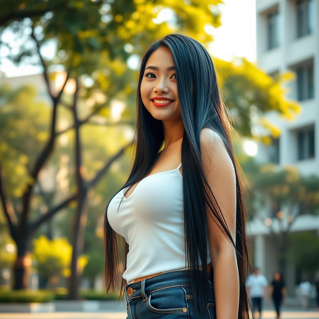 A beautiful Indonesian female university student with very large breasts, featuring long, luxurious black hair and a flirtatious smile